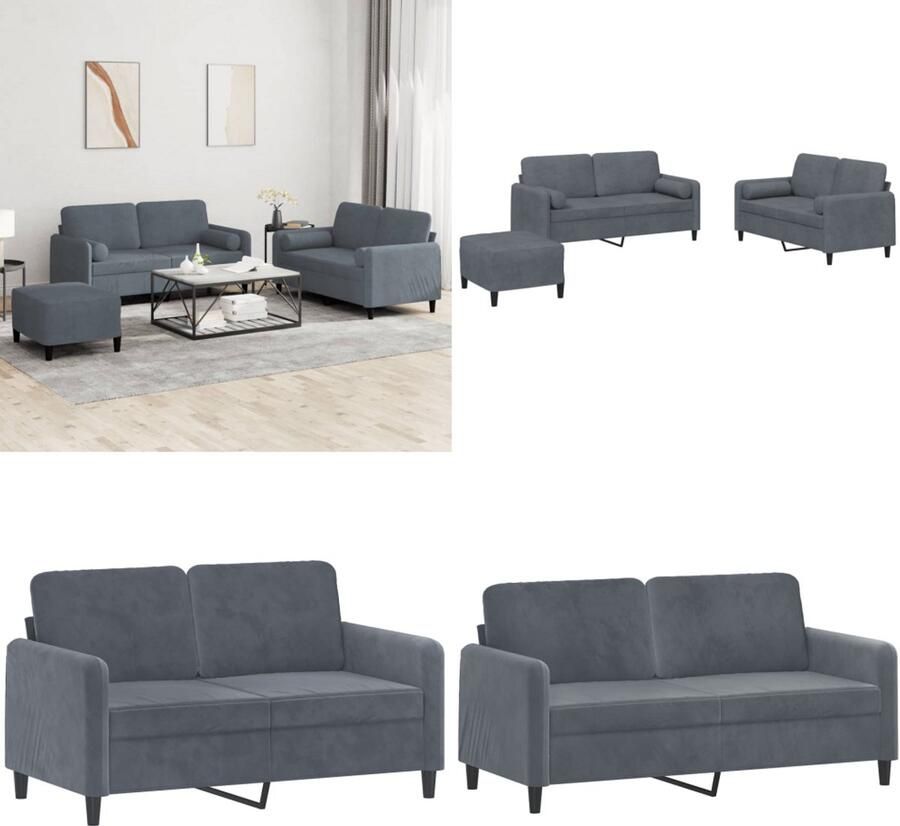 VidaXL 3-delige Loungeset met kussens fluweel donkergrijs Bankstel Bankstellen Fauteuil 3-zitsbank