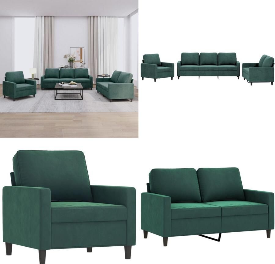 VidaXL 3-delige Loungeset met kussens fluweel donkergroen Bank Banken Sofa Loungebank