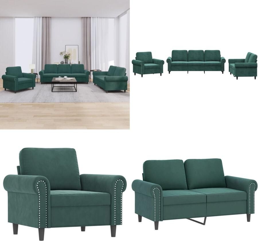 VidaXL 3-delige Loungeset met kussens fluweel donkergroen Bankstel Bankstellen Fauteuil 2-zitsbank