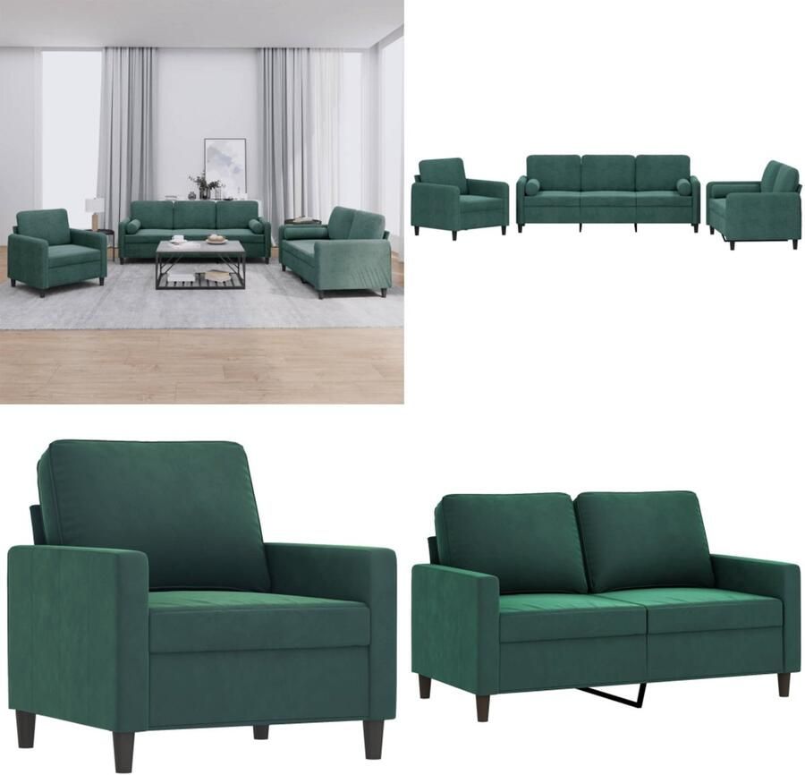 VidaXL 3-delige Loungeset met kussens fluweel donkergroen Bankstel Bankstellen Fauteuil 2-zitsbank