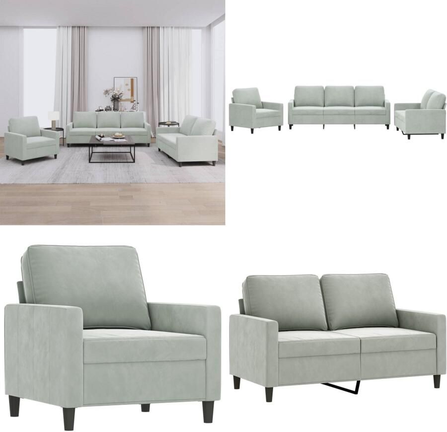 VidaXL 3-delige Loungeset met kussens fluweel lichtgrijs Bank Banken Sofa Loungebank
