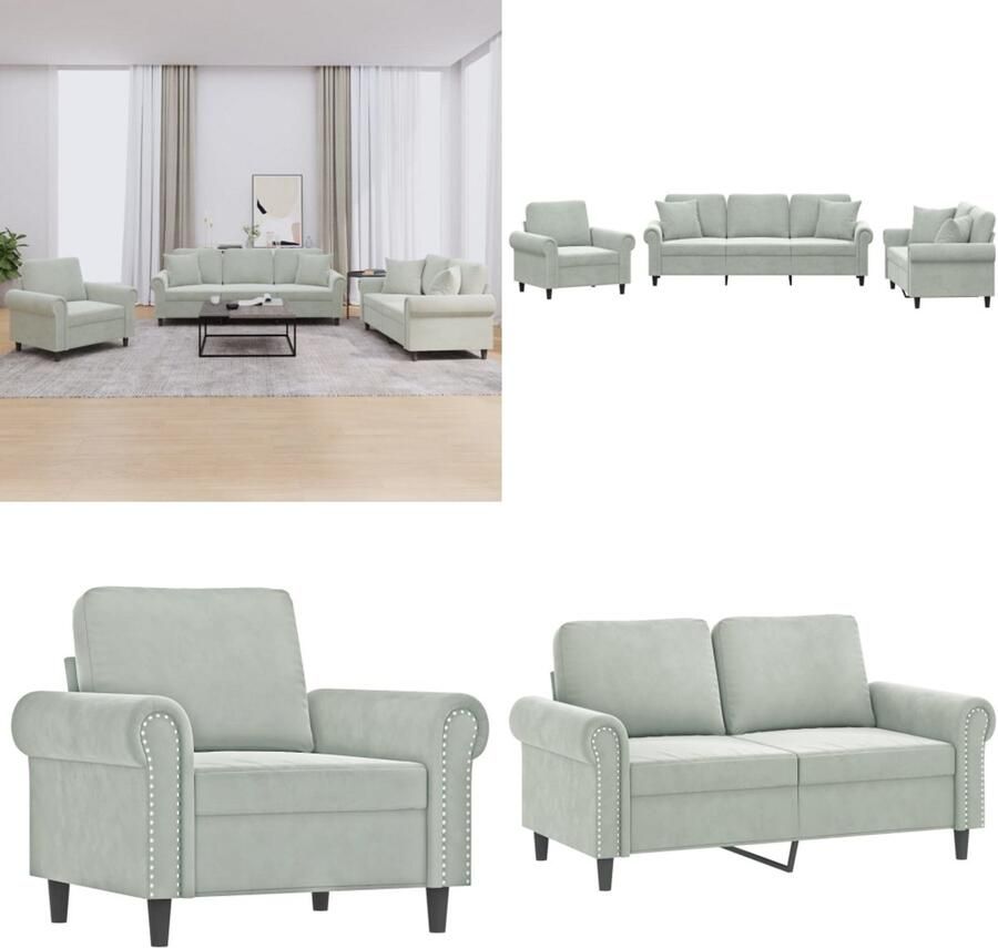 VidaXL 3-delige Loungeset met kussens fluweel lichtgrijs Bankstel Bankstellen Fauteuil 2-zitsbank