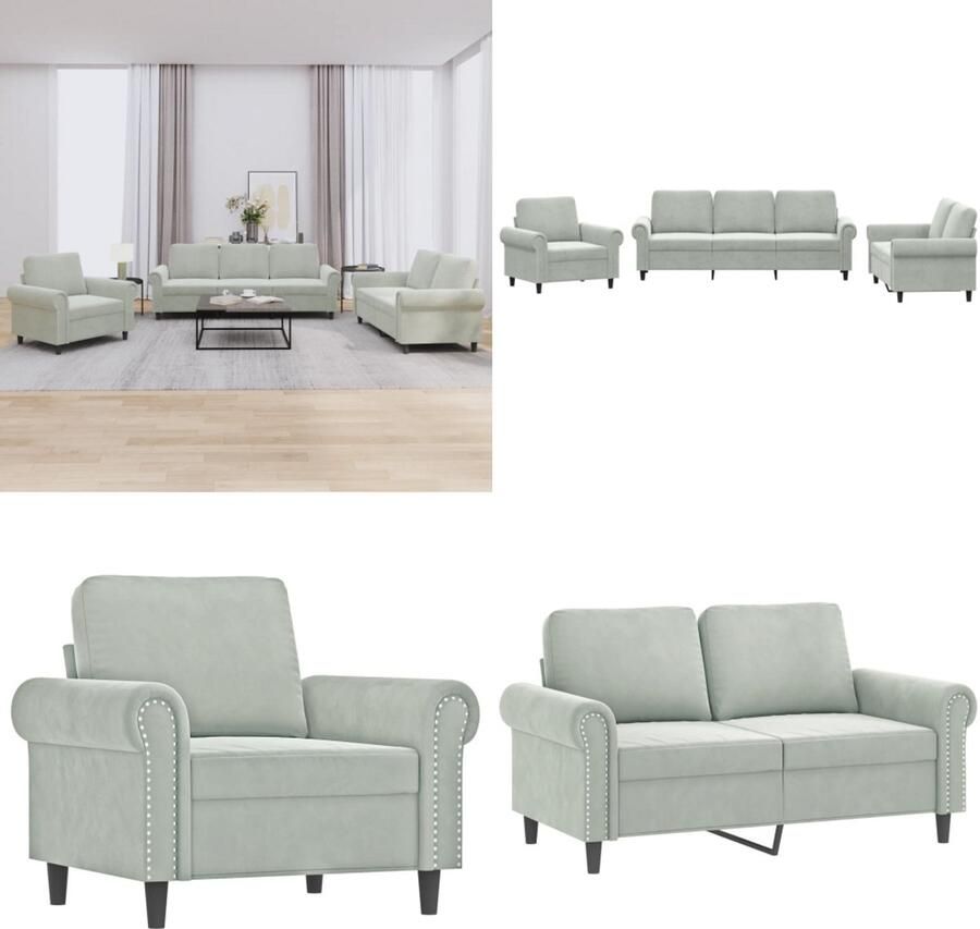 VidaXL 3-delige Loungeset met kussens fluweel lichtgrijs Bankstel Bankstellen Fauteuil 2-zitsbank