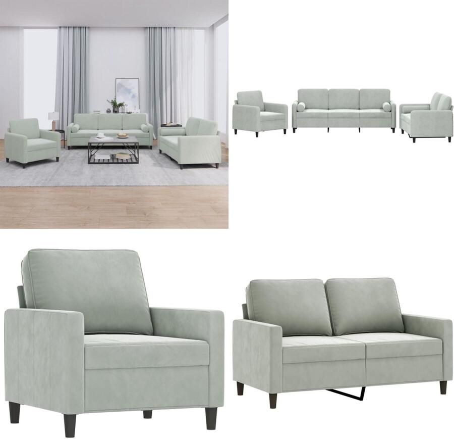 VidaXL 3-delige Loungeset met kussens fluweel lichtgrijs Bankstel Bankstellen Fauteuil 2-zitsbank