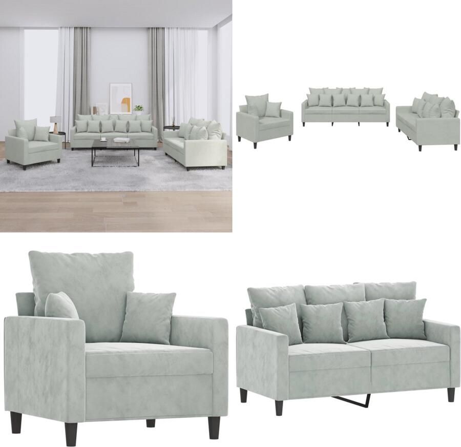 VidaXL 3-delige Loungeset met kussens fluweel lichtgrijs Bankstel Bankstellen Fauteuil 2-zitsbank