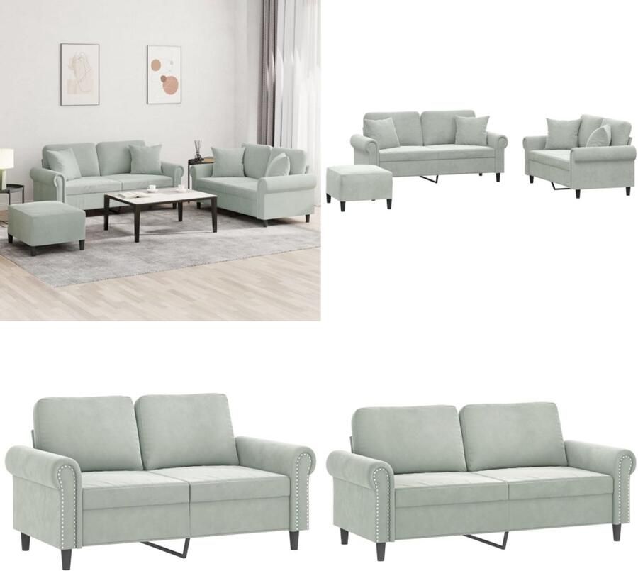 VidaXL 3-delige Loungeset met kussens fluweel lichtgrijs Bankstel Bankstellen Fauteuil 2-zitsbank