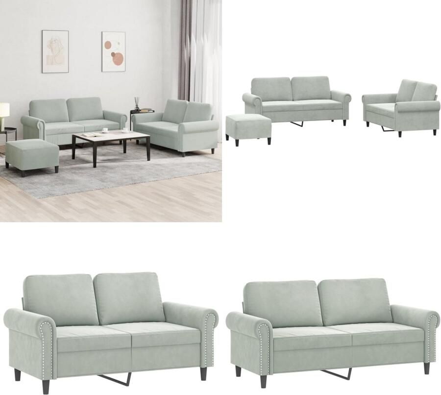 VidaXL 3-delige Loungeset met kussens fluweel lichtgrijs Bankstel Bankstellen Fauteuil 2-zitsbank