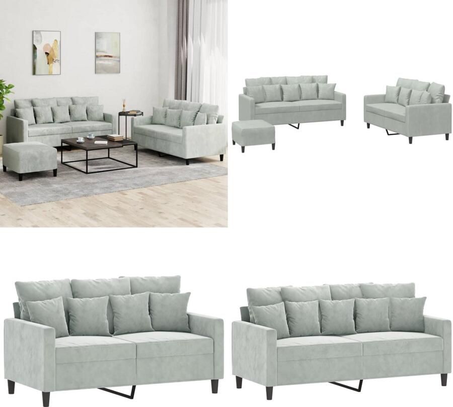 VidaXL 3-delige Loungeset met kussens fluweel lichtgrijs Bankstel Bankstellen Fauteuil 2-zitsbank