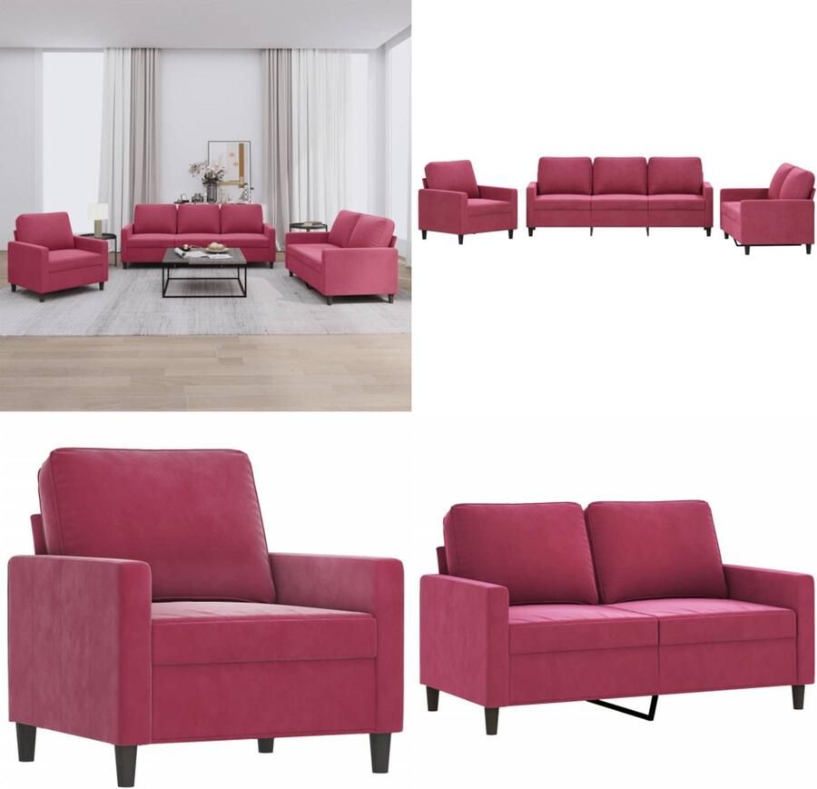 VidaXL 3-delige Loungeset met kussens fluweel wijnrood Bank Banken Sofa Loungebank