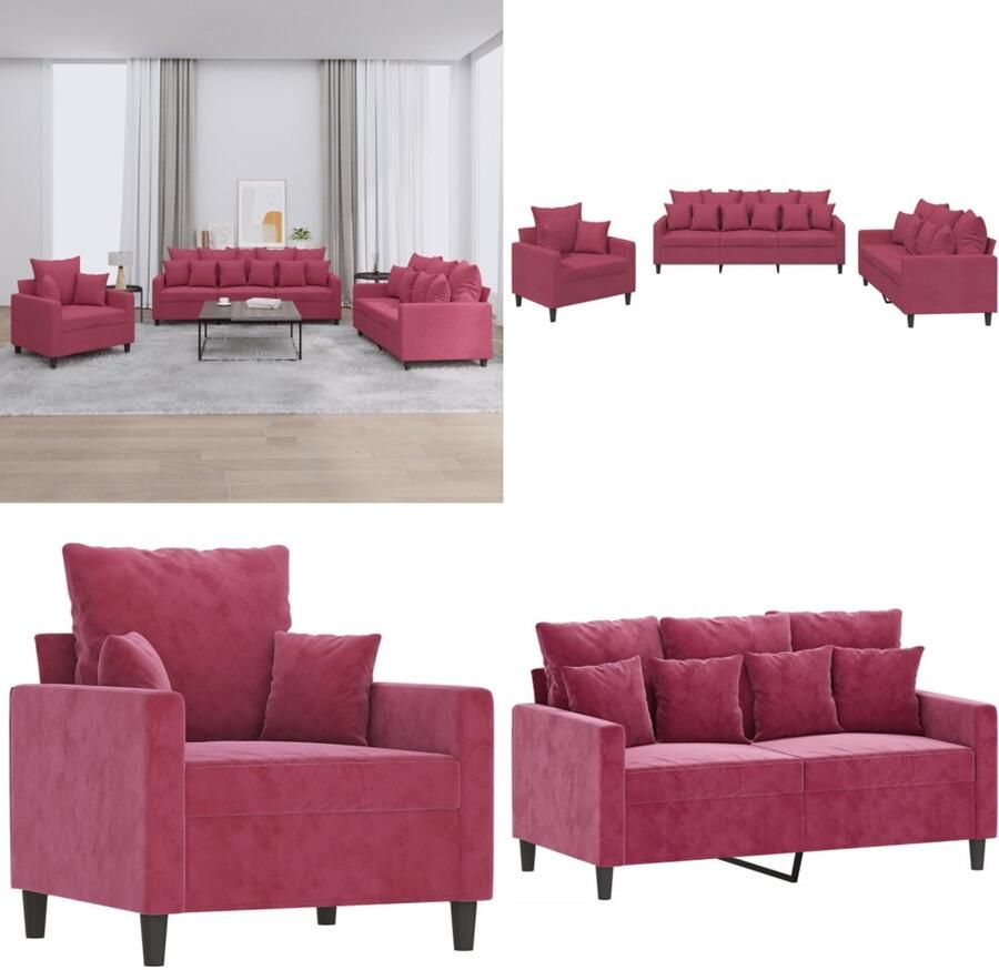 VidaXL 3-delige Loungeset met kussens fluweel wijnrood Bankstel Bankstellen Fauteuil 2-zitsbank