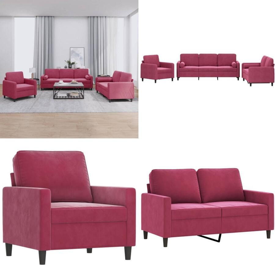 VidaXL 3-delige Loungeset met kussens fluweel wijnrood Bankstel Bankstellen Fauteuil 2-zitsbank