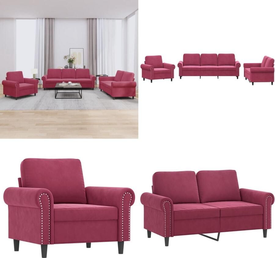 VidaXL 3-delige Loungeset met kussens fluweel wijnrood Bankstel Bankstellen Fauteuil 2-zitsbank
