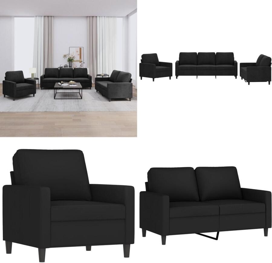 VidaXL 3-delige Loungeset met kussens fluweel zwart Bank Banken Sofa Loungebank