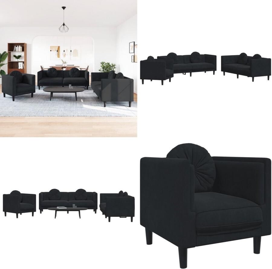 VidaXL 3-delige Loungeset met kussens fluweel zwart Bankstel Bankstellen Bankenset Bank