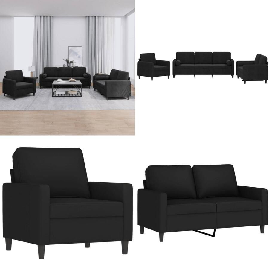 VidaXL 3-delige Loungeset met kussens fluweel zwart Bankstel Bankstellen Fauteuil 2-zitsbank