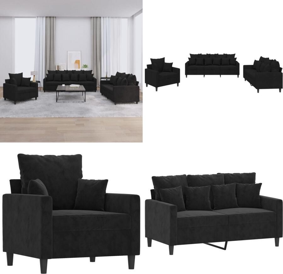 VidaXL 3-delige Loungeset met kussens fluweel zwart Bankstel Bankstellen Fauteuil 2-zitsbank
