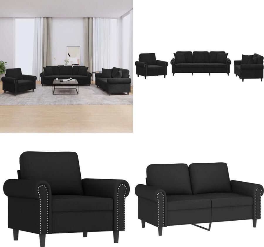 VidaXL 3-delige Loungeset met kussens fluweel zwart Bankstel Bankstellen Fauteuil 2-zitsbank