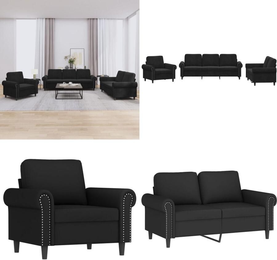 VidaXL 3-delige Loungeset met kussens fluweel zwart Bankstel Bankstellen Fauteuil 2-zitsbank