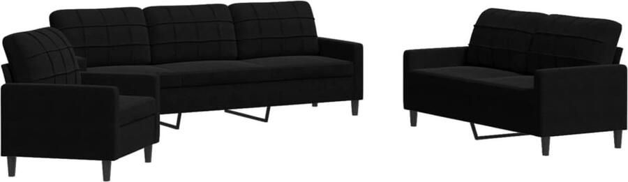 The Living Store Fluweel Bankstel Zwart Comfortabel en Modern Design 3-zits 2-zits en Fauteuil 100% polyester Loungebank Bankstel Fluweelbankstel Zwarte Bank 3 Persoons Bank - Foto 2