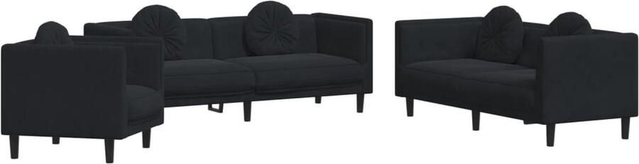 The Living Store Loungeset Zacht Fluweel Bankstel Zwart Polyester Multiplex Schuim 2-Zitsbank met Ronde Kussens Loungeset Bankstel Fluweel Sofa Zwarte Bank 2 Persoons Bank - Foto 2