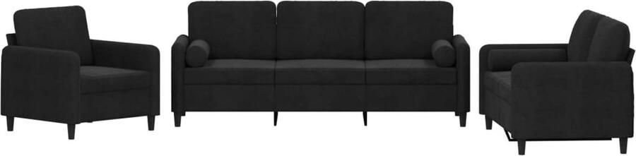The Living Store 3-delige Loungeset met kussens fluweel zwart Loungebank Bankstel Velvet Sofa Zwarte Bank Comfortabele Bank