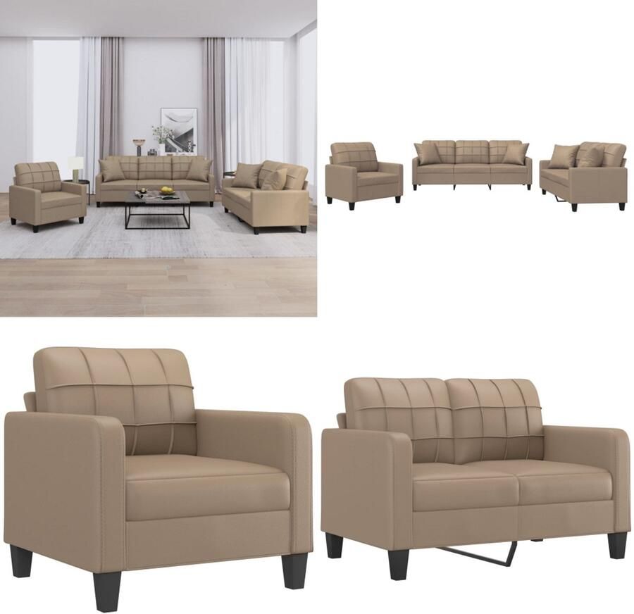 VidaXL 3-delige Loungeset met kussens kunstleer cappuccinokleurig Bankstel Bankstellen Fauteuil 2-zitsbank
