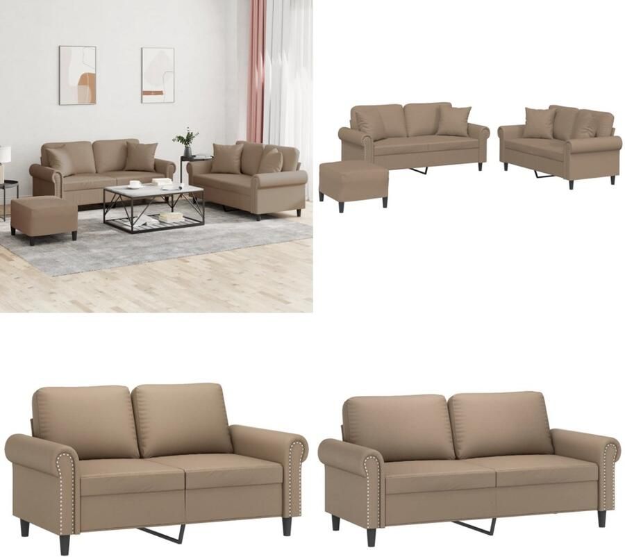 VidaXL 3-delige Loungeset met kussens kunstleer cappuccinokleurig Bankstel Bankstellen Fauteuil 2-zitsbank