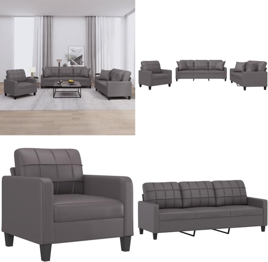 VidaXL 3-delige Loungeset met kussens kunstleer grijs Bankstel Bankstellen Fauteuil 2-zitsbank