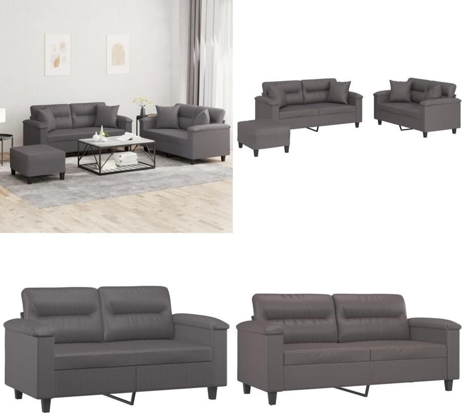 VidaXL 3-delige Loungeset met kussens kunstleer grijs Bankstel Bankstellen Fauteuil 2-zitsbank