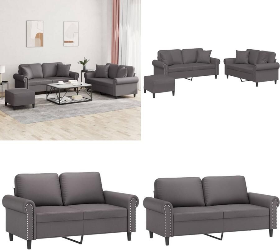 VidaXL 3-delige Loungeset met kussens kunstleer grijs Bankstel Bankstellen Fauteuil 2-zitsbank