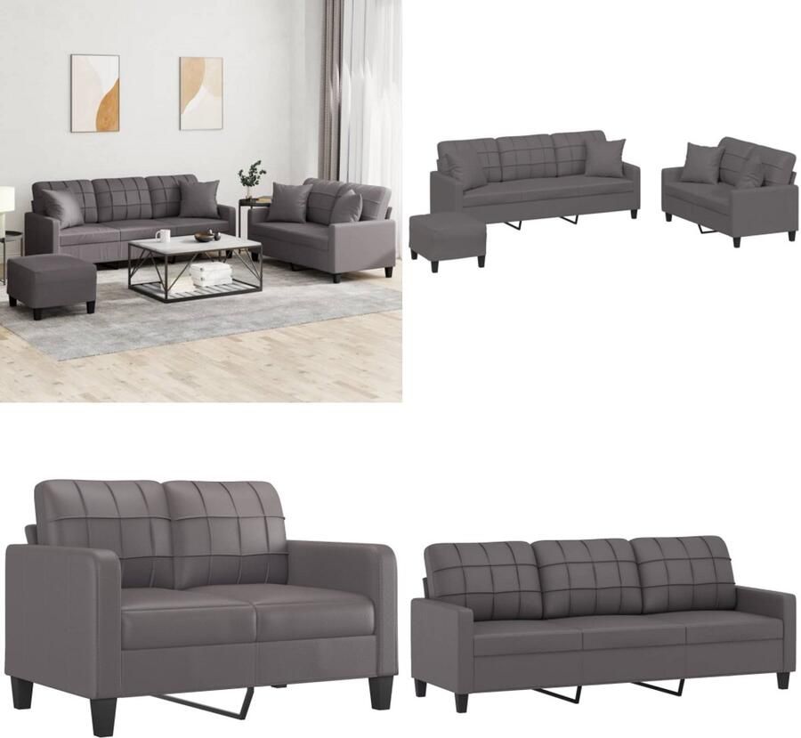 VidaXL 3-delige Loungeset met kussens kunstleer grijs Bankstel Bankstellen Fauteuil 2-zitsbank