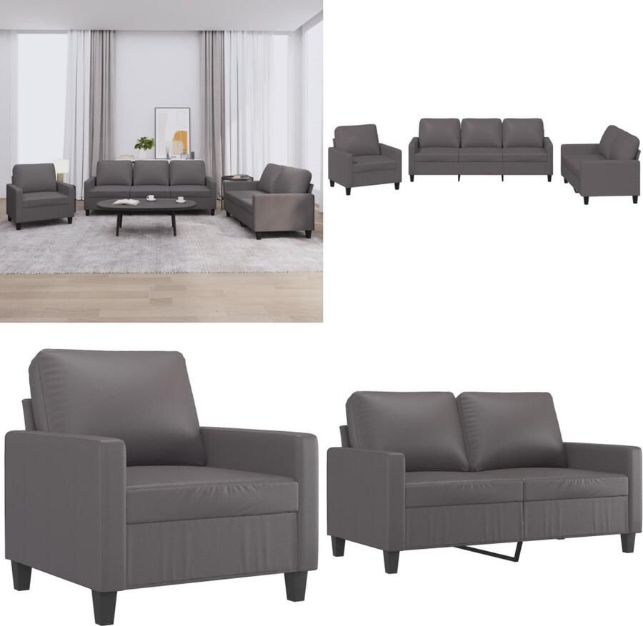VidaXL 3-delige Loungeset met kussens kunstleer grijs Bankstel Bankstellen Fauteuil 2-zitsbank - Foto 2