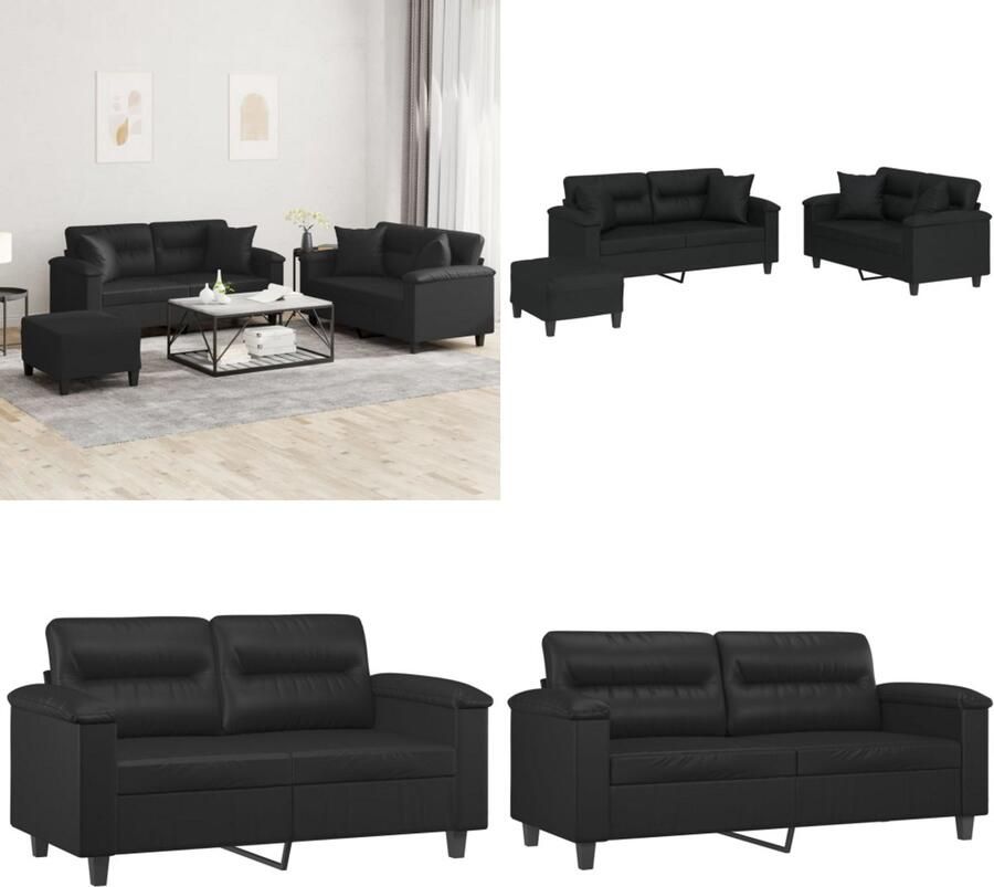 VidaXL 3-delige Loungeset met kussens kunstleer zwart Bankstel Bankstellen Fauteuil 2-zitsbank