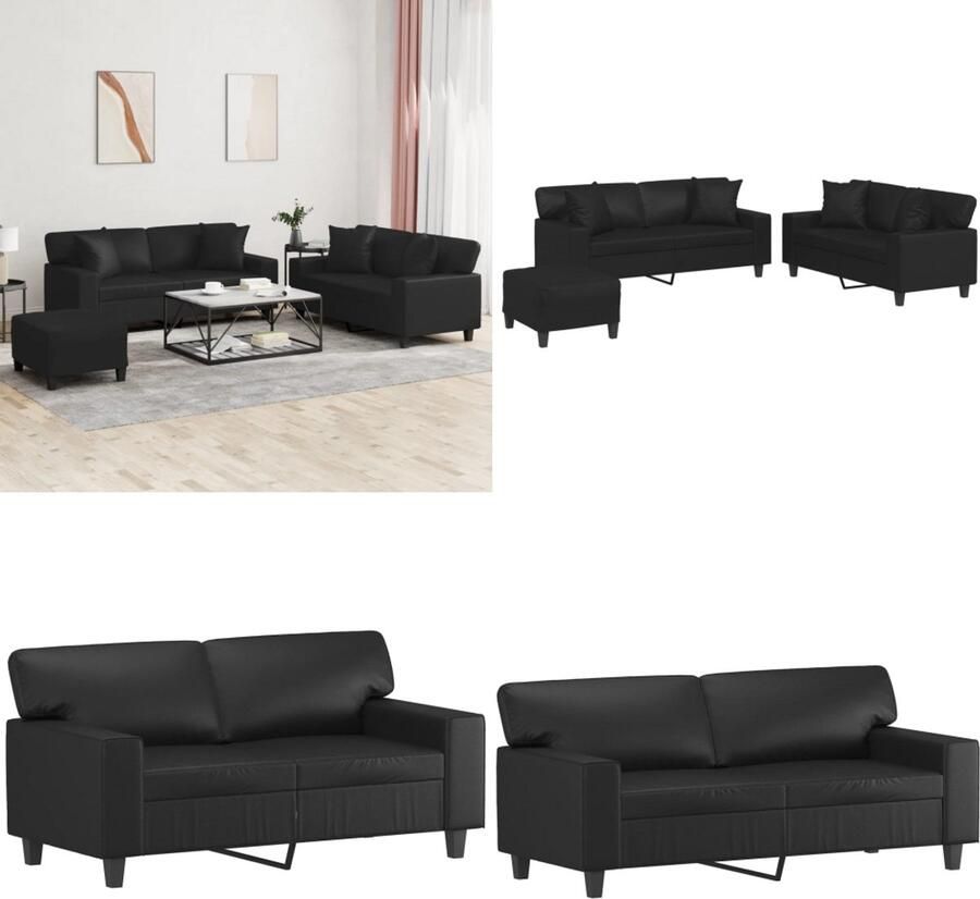 VidaXL 3-delige Loungeset met kussens kunstleer zwart Bankstel Bankstellen Fauteuil 2-zitsbank