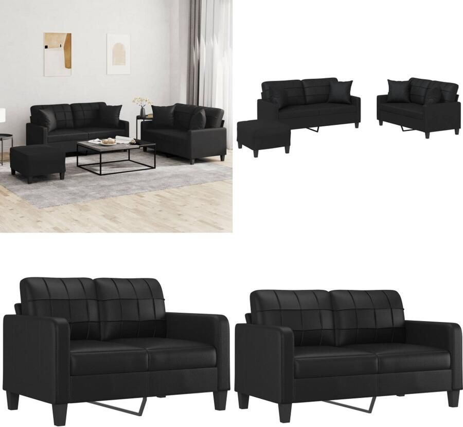 VidaXL 3-delige Loungeset met kussens kunstleer zwart Bankstel Bankstellen Fauteuil 2-zitsbank