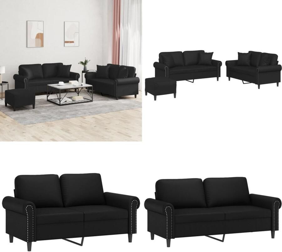 VidaXL 3-delige Loungeset met kussens kunstleer zwart Bankstel Bankstellen Fauteuil 2-zitsbank