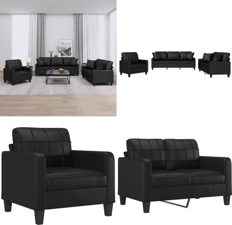 VidaXL 3-delige Loungeset met kussens kunstleer zwart Bankstel Bankstellen Fauteuil 2-zitsbank