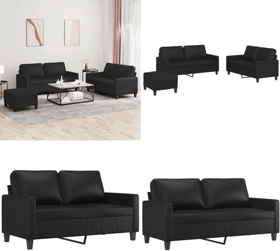 VidaXL 3-delige Loungeset met kussens kunstleer zwart Bankstel Bankstellen Fauteuil 2-zitsbank