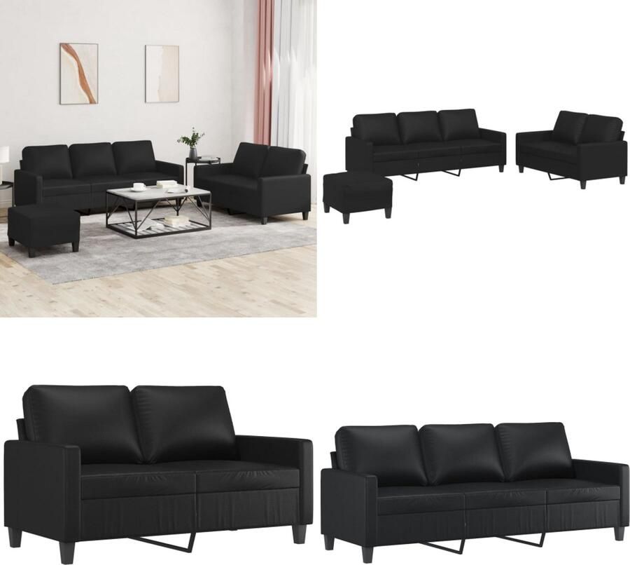VidaXL 3-delige Loungeset met kussens kunstleer zwart Bankstel Bankstellen Fauteuil 2-zitsbank