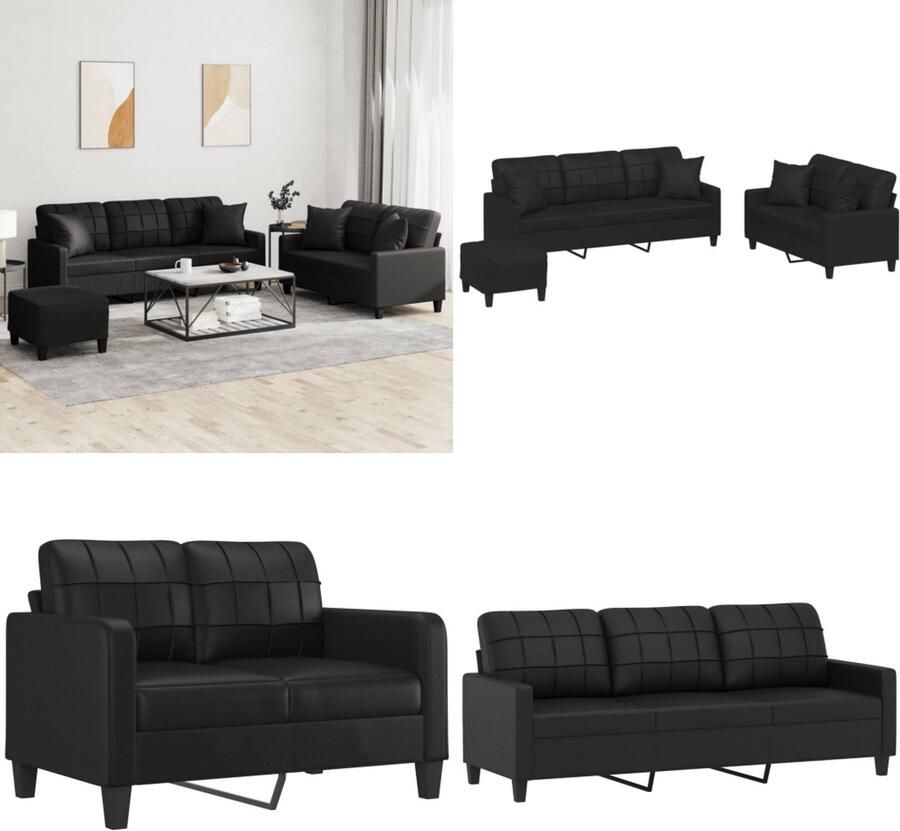 VidaXL 3-delige Loungeset met kussens kunstleer zwart Bankstel Bankstellen Fauteuil 2-zitsbank