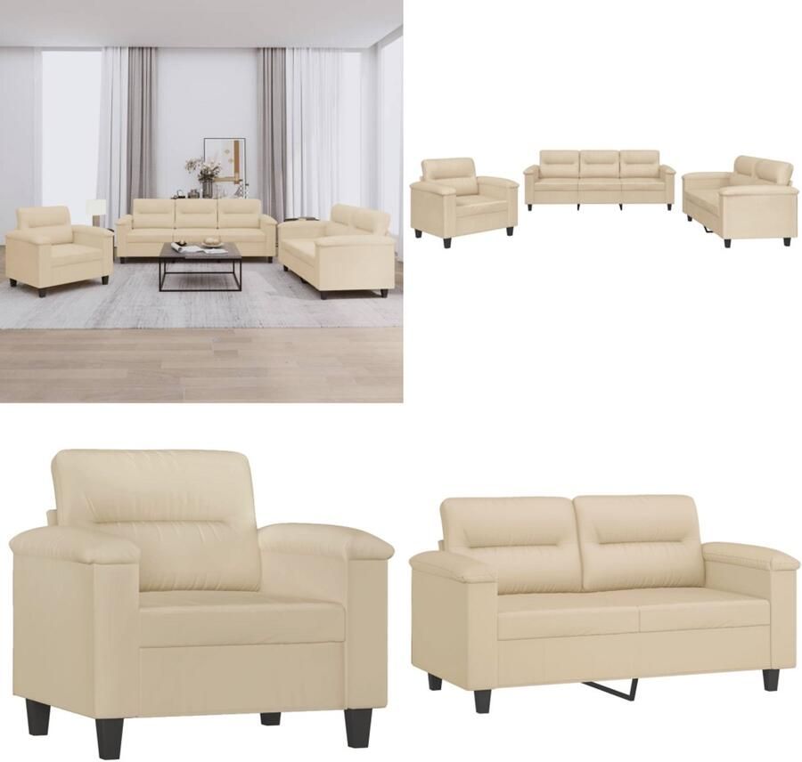 VidaXL 3-delige Loungeset met kussens microvezelstof crèmekleurig Bankstel Bankstellen Fauteuil 2-zitsbank