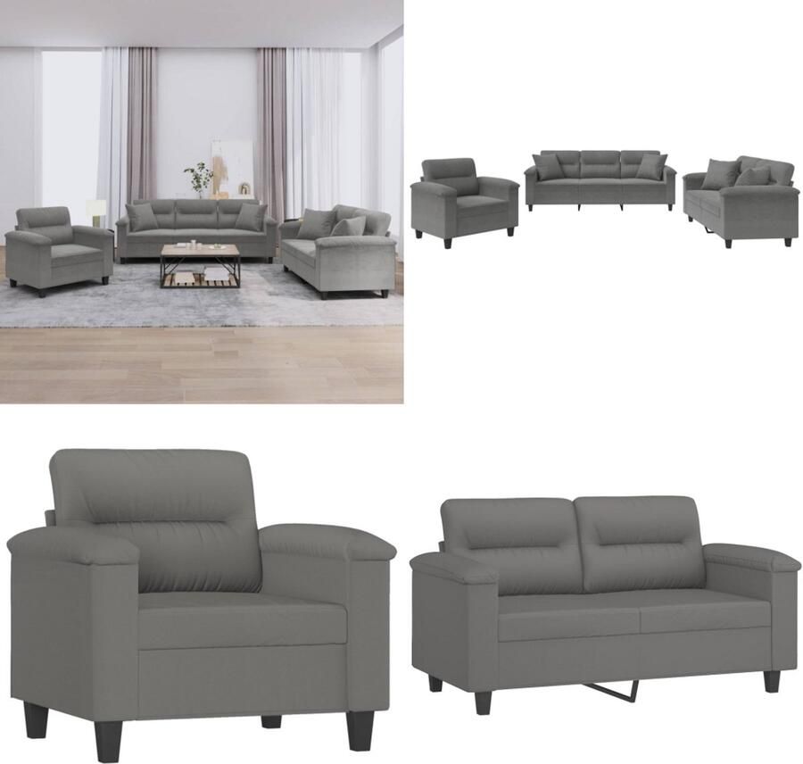 VidaXL 3-delige Loungeset met kussens microvezelstof donkergrijs Bankstel Bankstellen Fauteuil 2-zitsbank