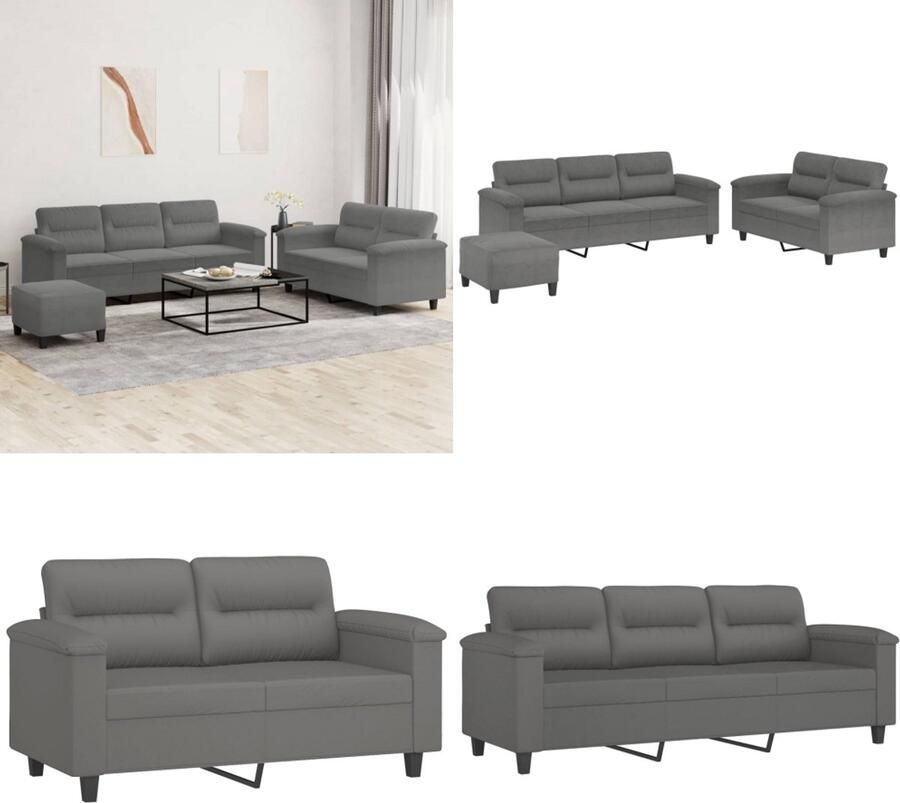 VidaXL 3-delige Loungeset met kussens microvezelstof donkergrijs Bankstel Bankstellen Fauteuil 2-zitsbank