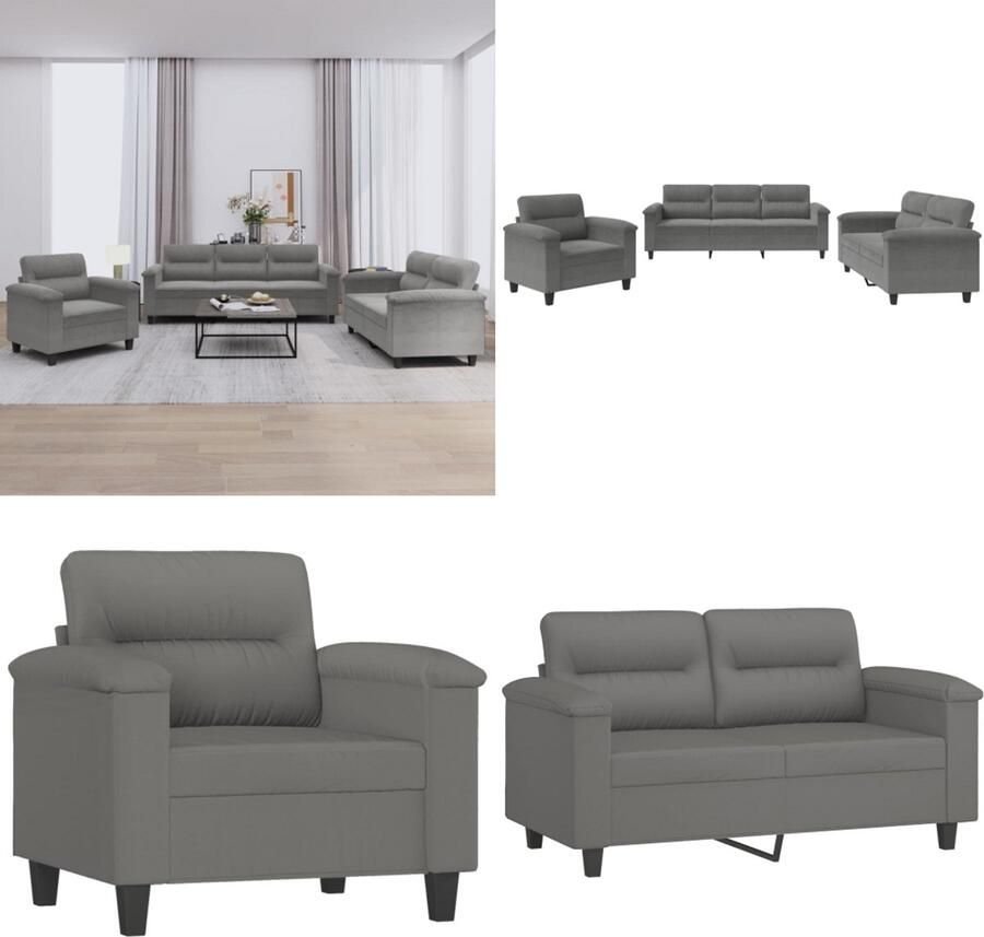 VidaXL 3-delige Loungeset met kussens microvezelstof donkergrijs Bankstel Bankstellen Fauteuil 2-zitsbank
