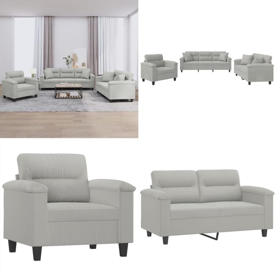 VidaXL 3-delige Loungeset met kussens microvezelstof lichtgrijs Bankstel Bankstellen Fauteuil 2-zitsbank