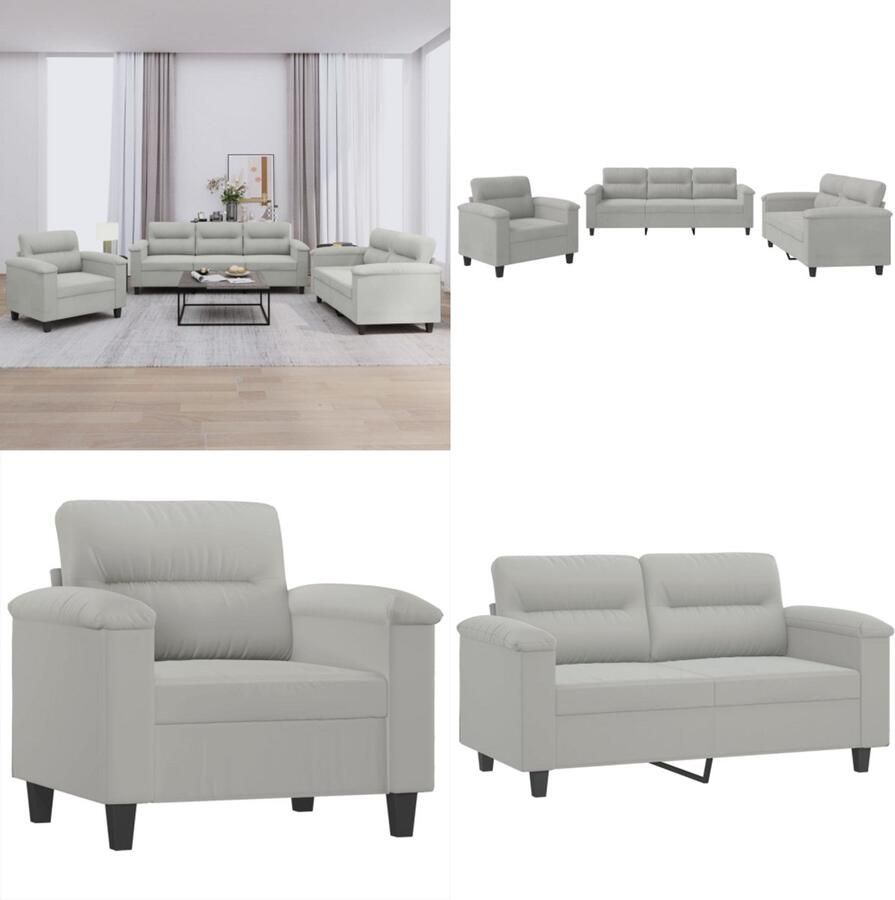 VidaXL 3-delige Loungeset met kussens microvezelstof lichtgrijs Bankstel Bankstellen Fauteuil 2-zitsbank