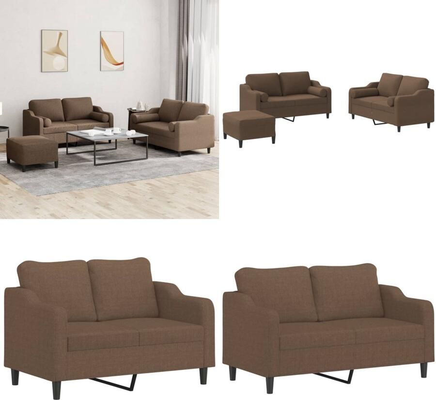 VidaXL 3-delige Loungeset met kussens stof bruin Bankstel Bankstellen Fauteuil 2-zitsbank - Foto 2