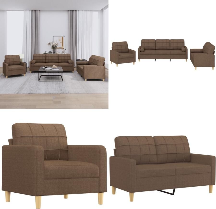 VidaXL 3-delige Loungeset met kussens stof bruin Bankstel Bankstellen Fauteuil 2-zitsbank