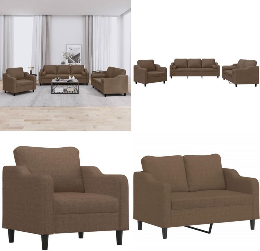 VidaXL 3-delige Loungeset met kussens stof bruin Bankstel Bankstellen Fauteuil 2-zitsbank