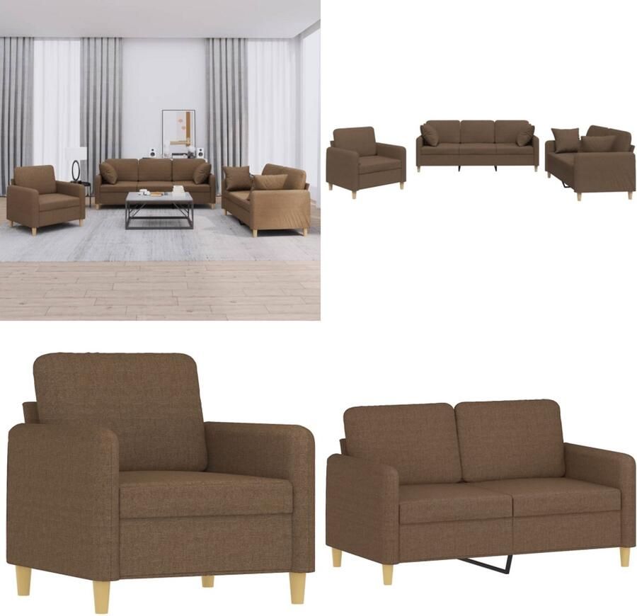 VidaXL 3-delige Loungeset met kussens stof bruin Bankstel Bankstellen Fauteuil 2-zitsbank